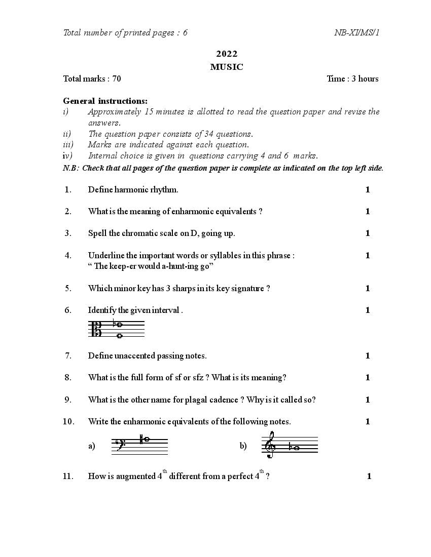 NBSE Class 11 Question Paper 2022 Music - Page 1