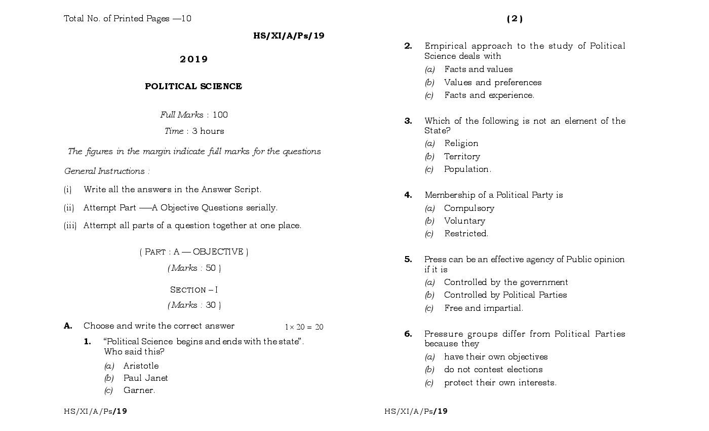 MBOSE Class 11 Question Paper 2019 for Political Science - Page 1