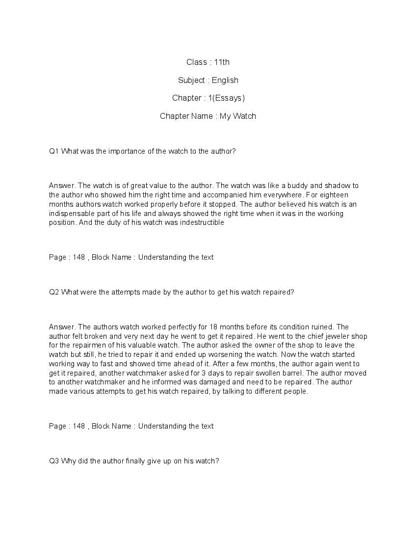 NCERT Solutions for Class 11 English (Woven Words) Essays 1 My Watch - Page 1