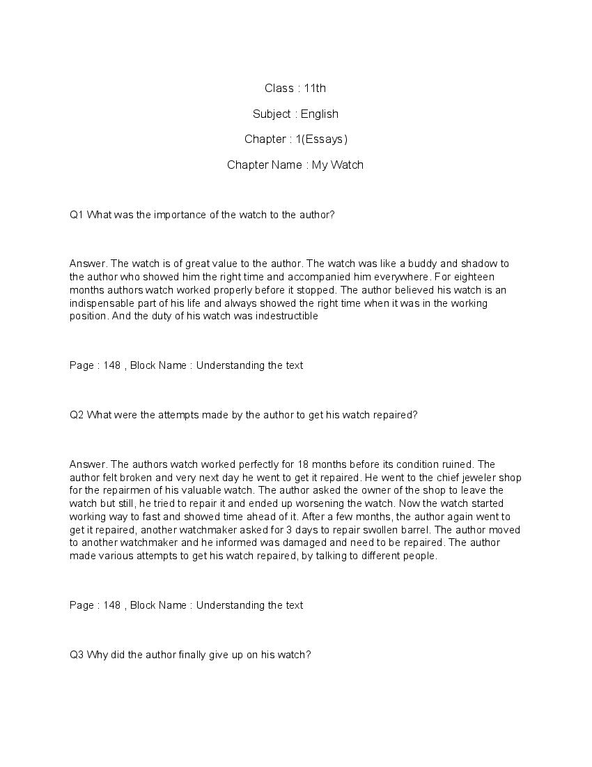 NCERT Solutions for Class 11 English (Woven Words) Essays 1 My Watch - Page 1