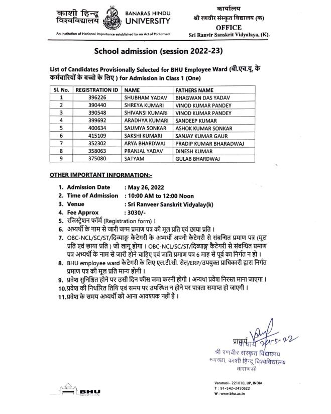 BHU School Class 1 Admission 2022 Final Selected List of BHU Employee Ward - Page 1