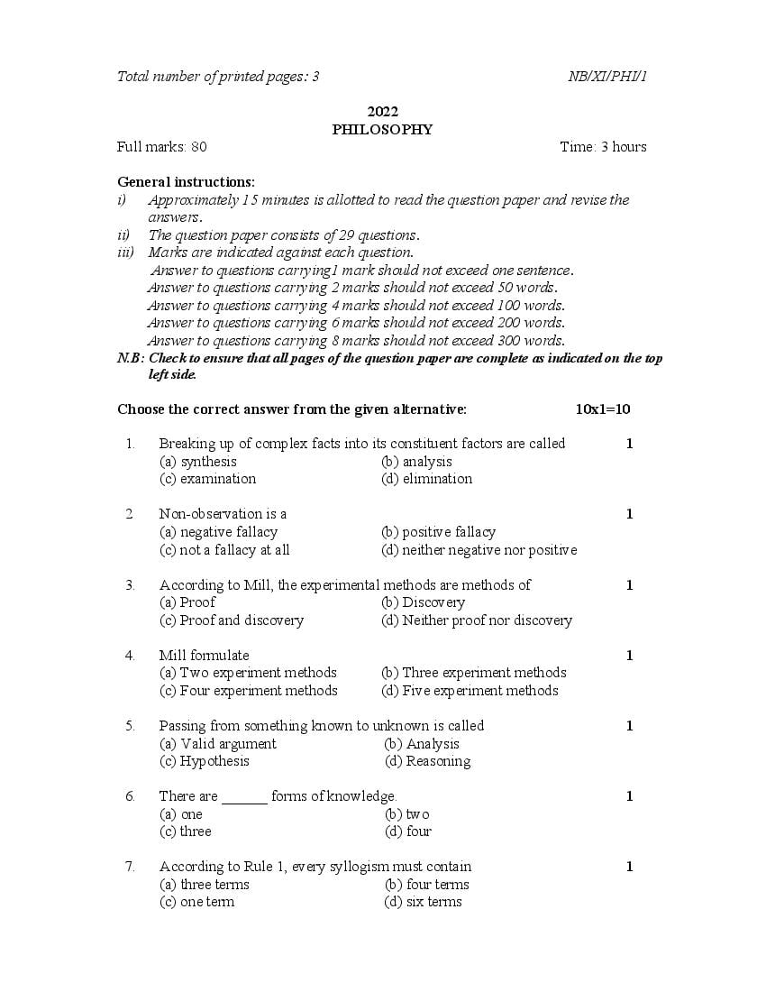 NBSE Class 11 Question Paper 2022 Philosophy - Page 1