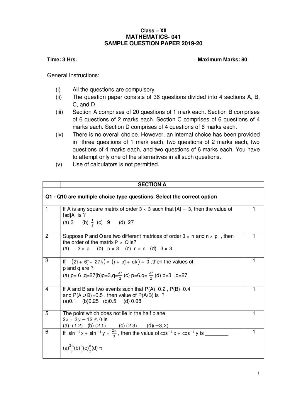 CBSE Class 12 Sample Paper 2020 for Mathematics - Page 1