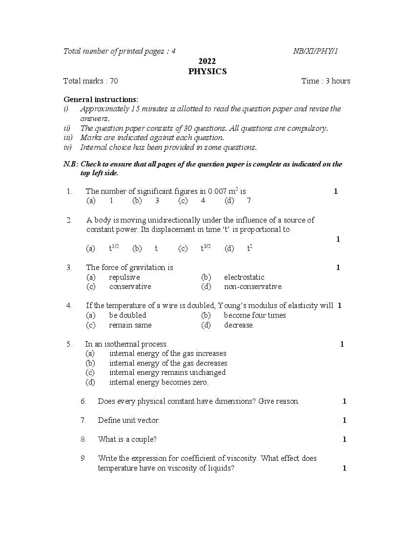 NBSE Class 11 Question Paper 2022 Physics