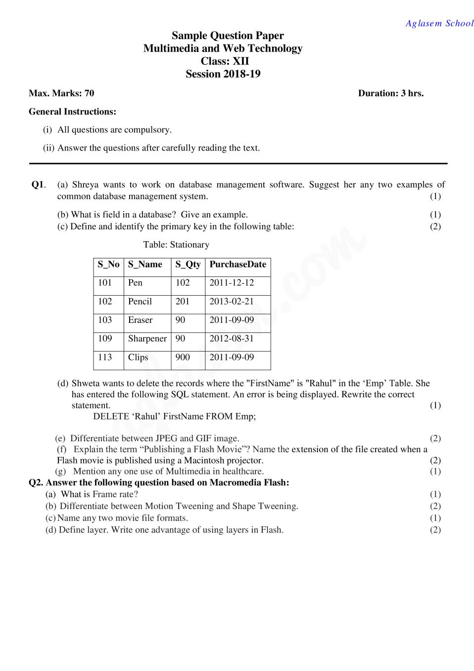 CBSE Class 12 Sample Paper 2020 for Multimedia and Web Technology - Page 1