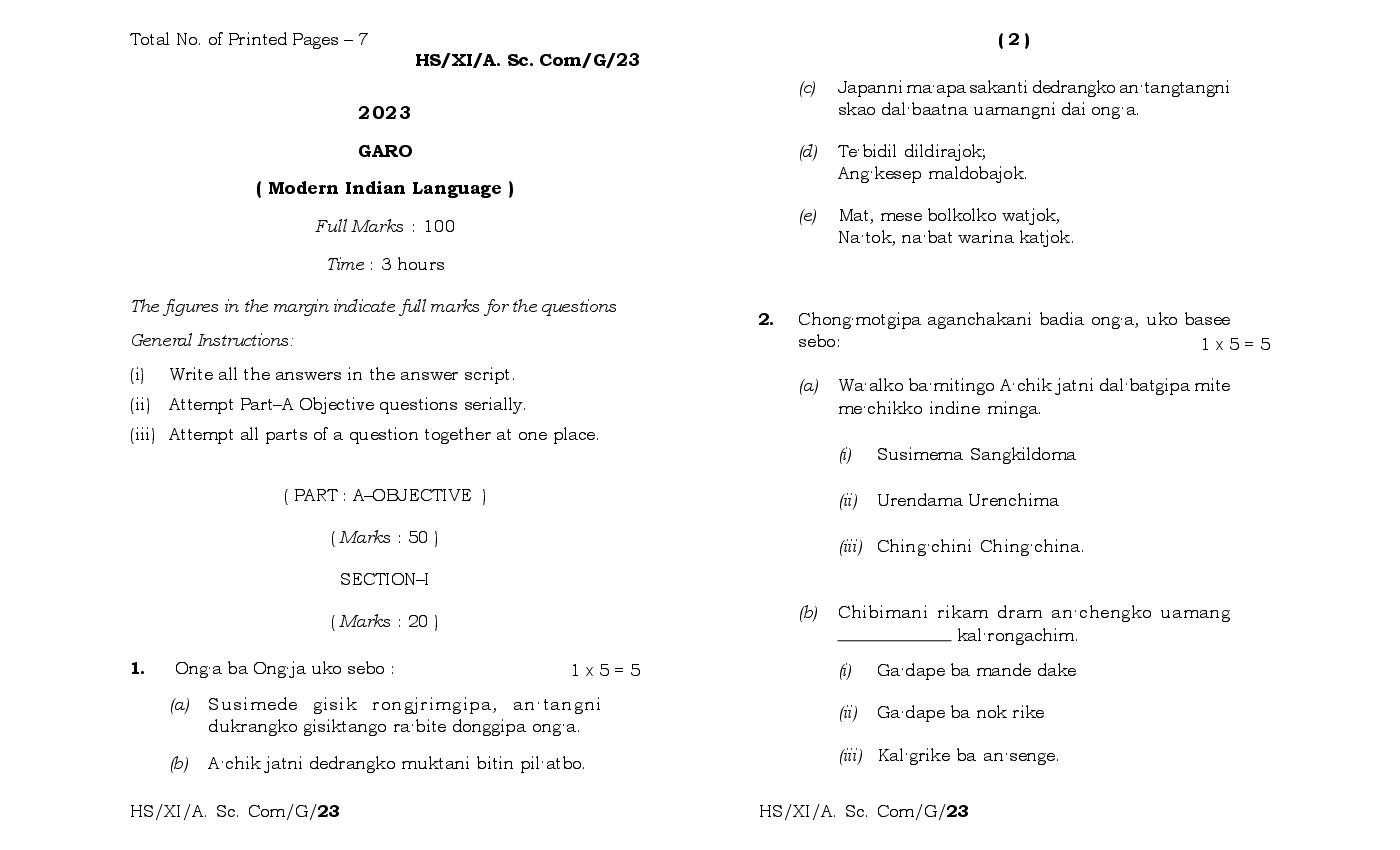 MBOSE Class 11 Question Paper 2023 for Garo Mil - Page 1