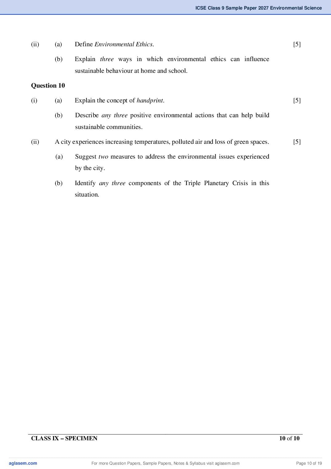ICSE Environmental Science Specimen Paper 2027 with Answers – Class 9