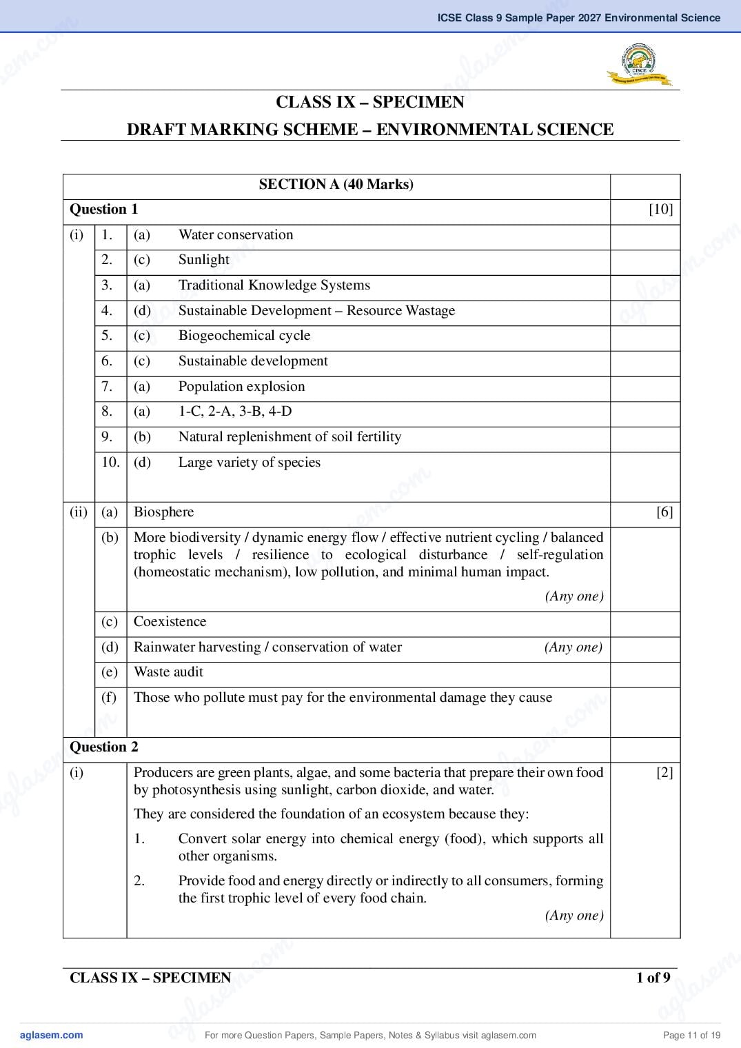 ICSE Environmental Science Specimen Paper 2027 with Answers – Class 9