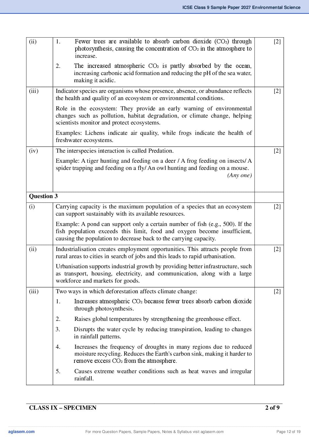 ICSE Environmental Science Specimen Paper 2027 with Answers – Class 9
