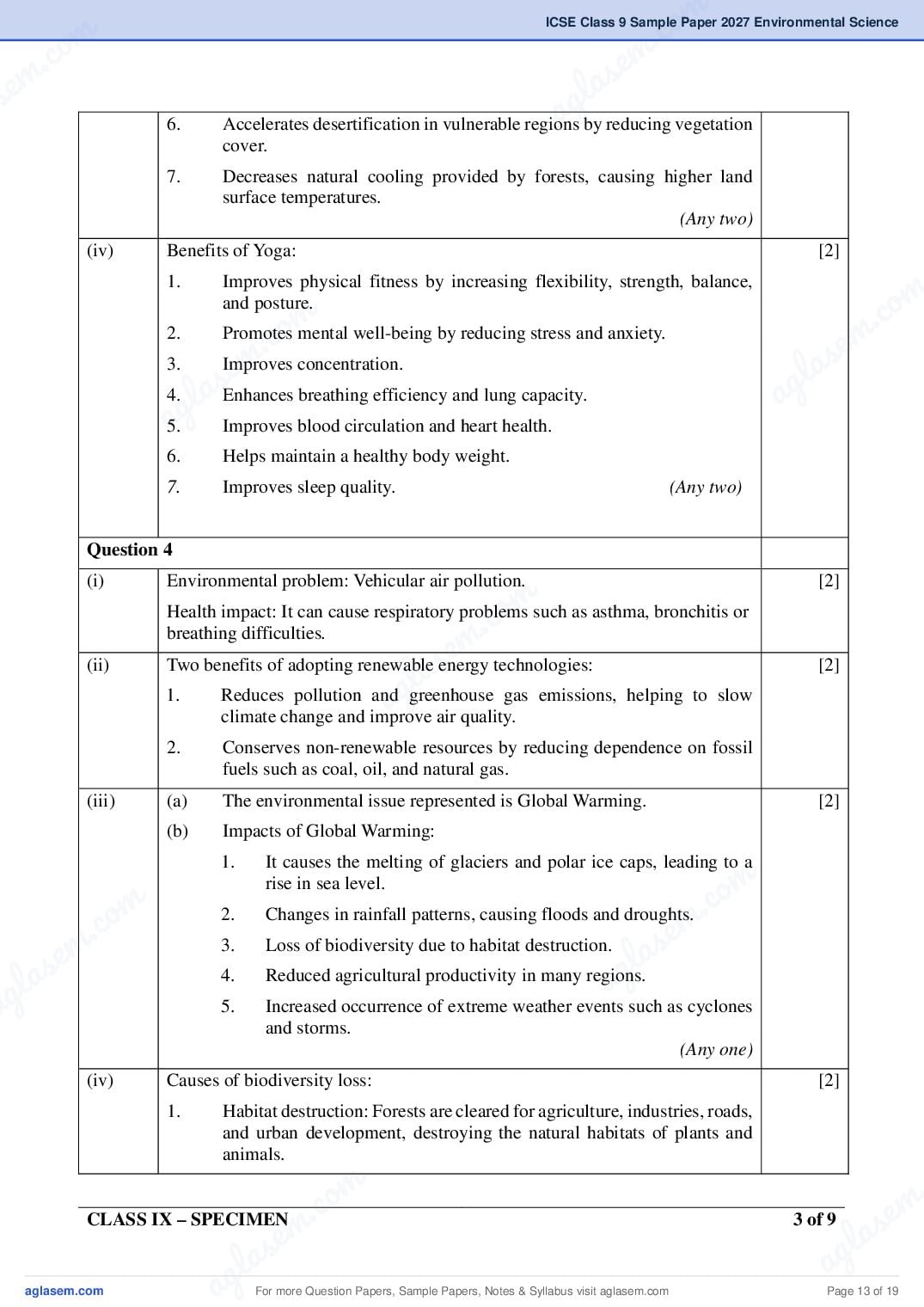 ICSE Environmental Science Specimen Paper 2027 with Answers – Class 9