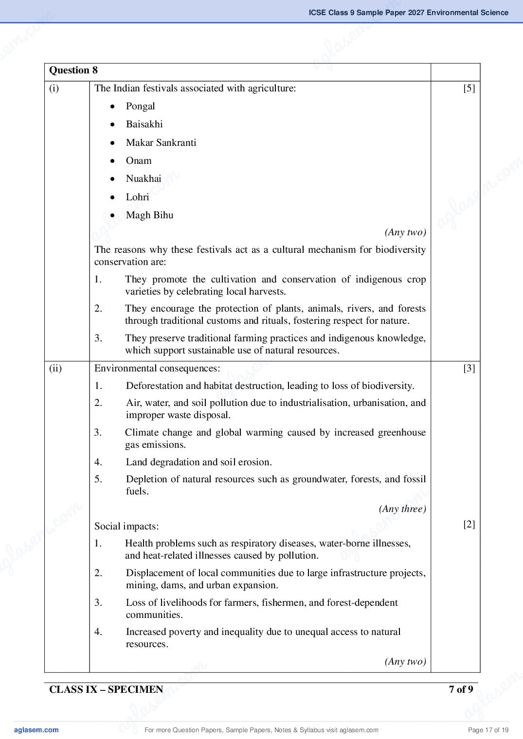 ICSE Environmental Science Specimen Paper 2027 with Answers – Class 9