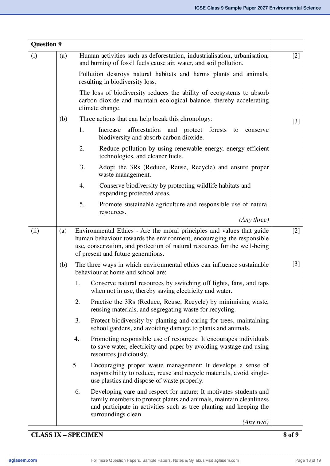 ICSE Environmental Science Specimen Paper 2027 with Answers – Class 9