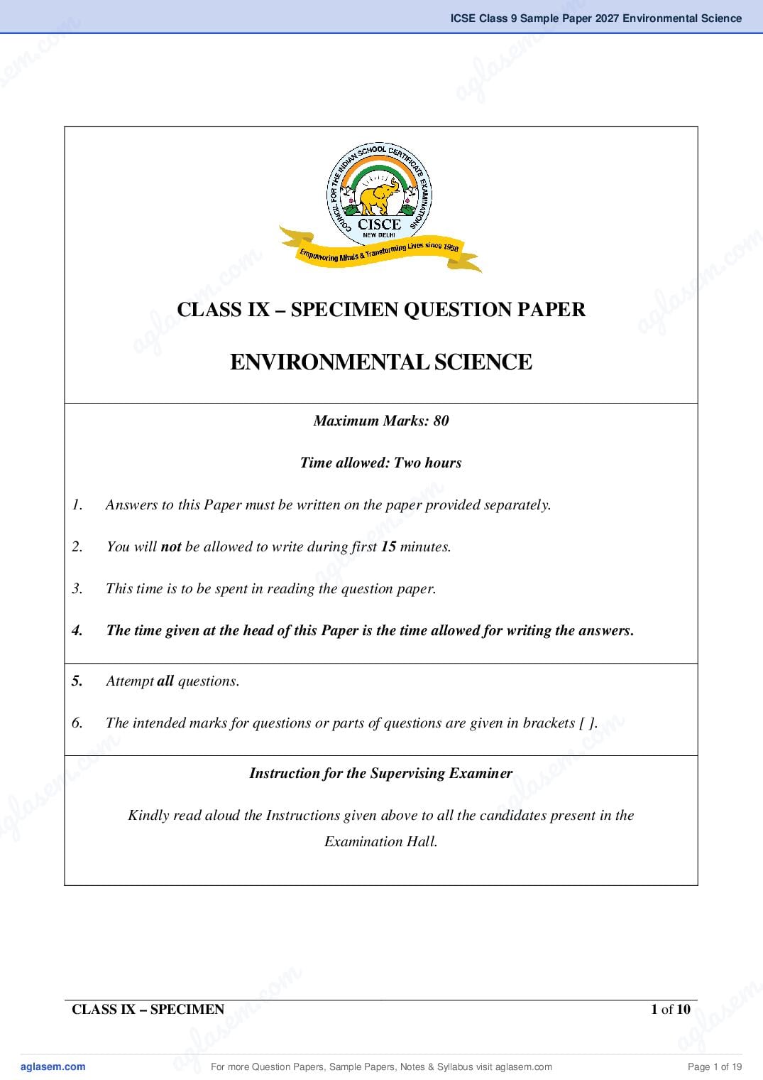 ICSE Environmental Science Specimen Paper 2027 with Answers – Class 9