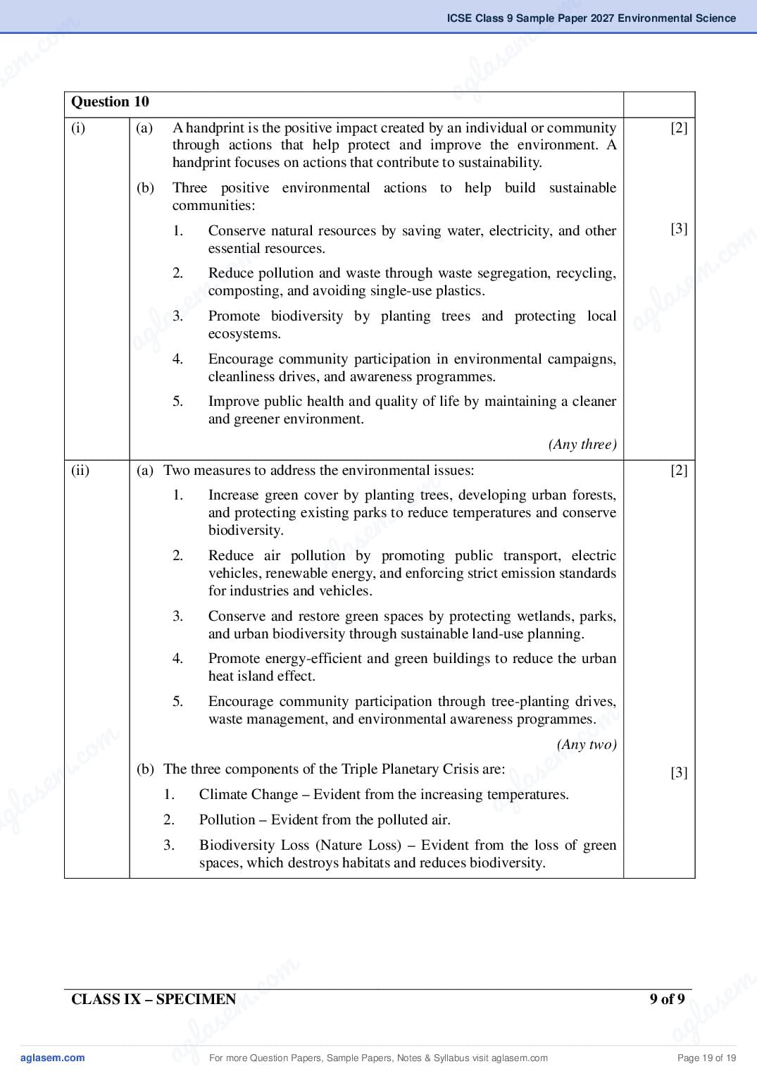 ICSE Environmental Science Specimen Paper 2027 with Answers – Class 9