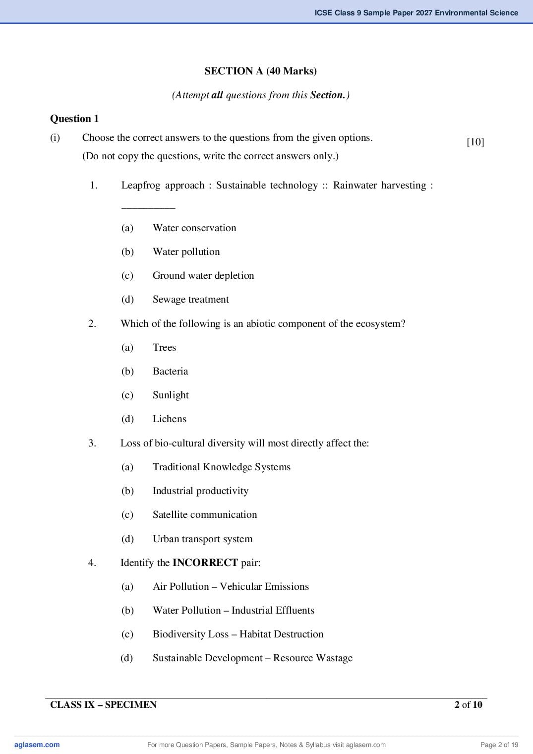 ICSE Environmental Science Specimen Paper 2027 with Answers – Class 9
