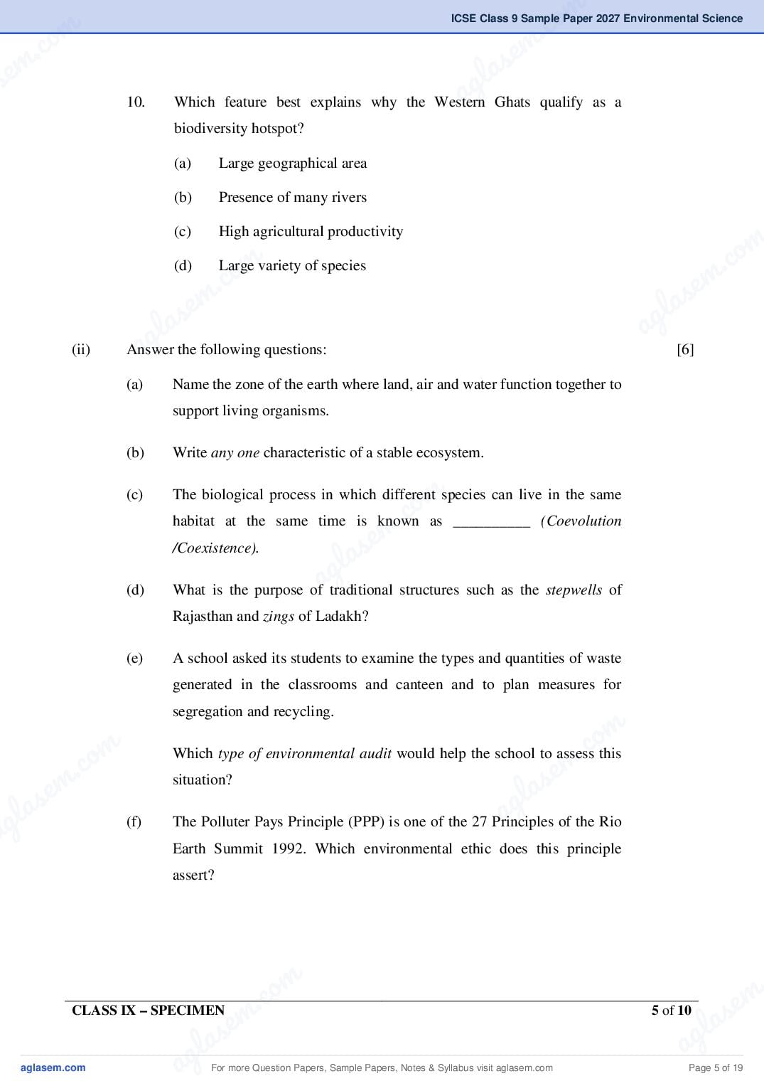 ICSE Environmental Science Specimen Paper 2027 with Answers – Class 9