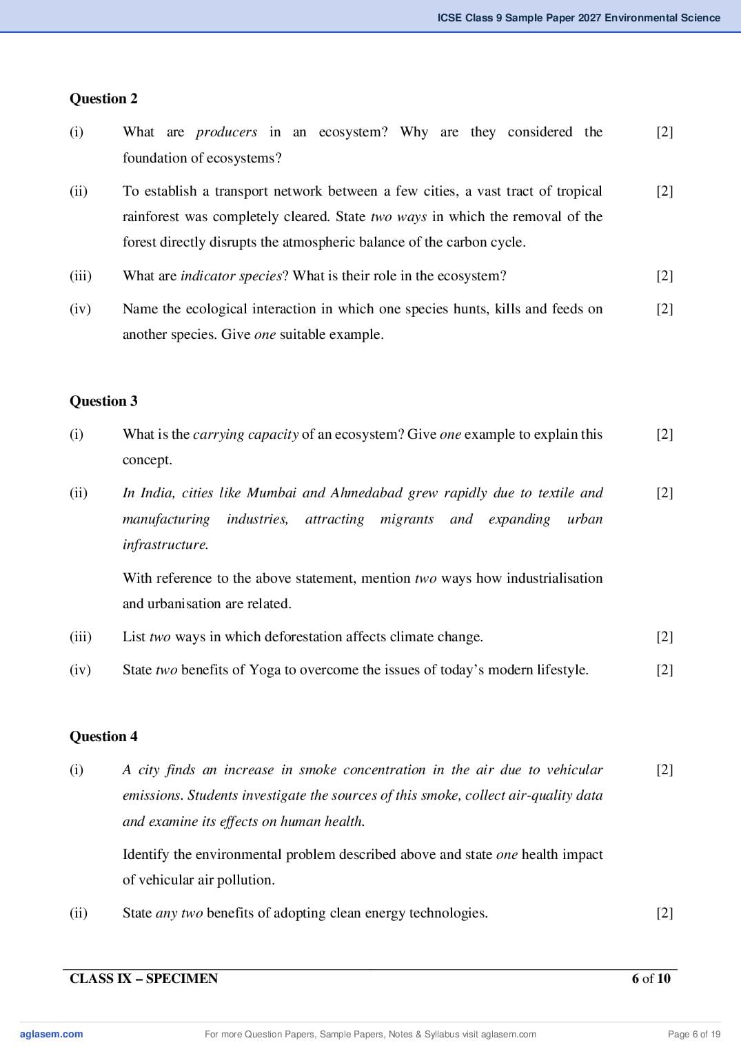 ICSE Environmental Science Specimen Paper 2027 with Answers – Class 9