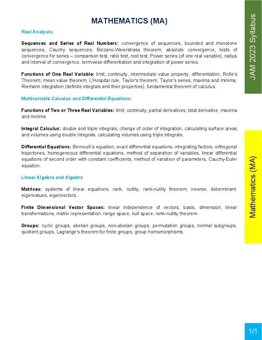 JAM 2023 Syllabus Mathematics (MA) - Page 1