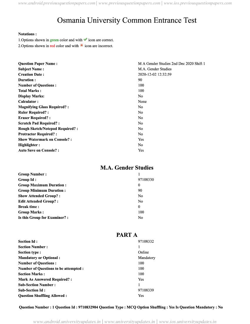TS CPGET 2020 Question Paper MA Gender Studies - Page 1