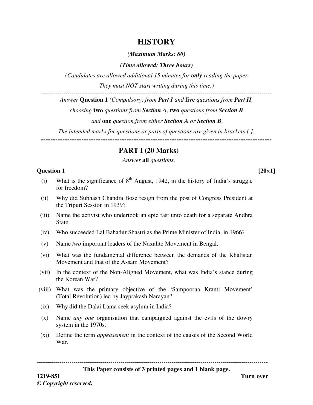 ISC Class 12 Question Paper 2019 for History  - Page 1