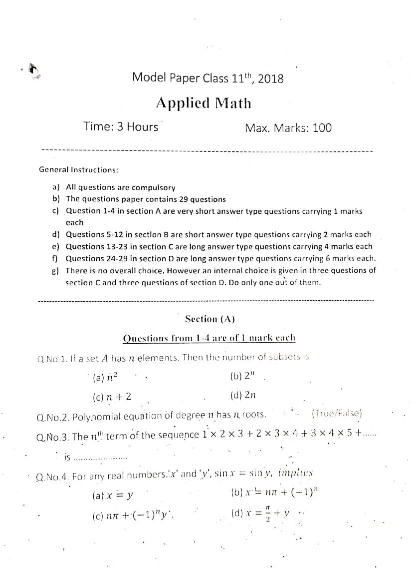 JKBOSE 11th Class Model Paper 2024 Applied Mathematics - Page 1