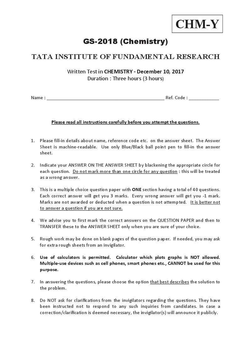 TIFR GS 2018 Question Paper Chemistry Y - Page 1 of 20