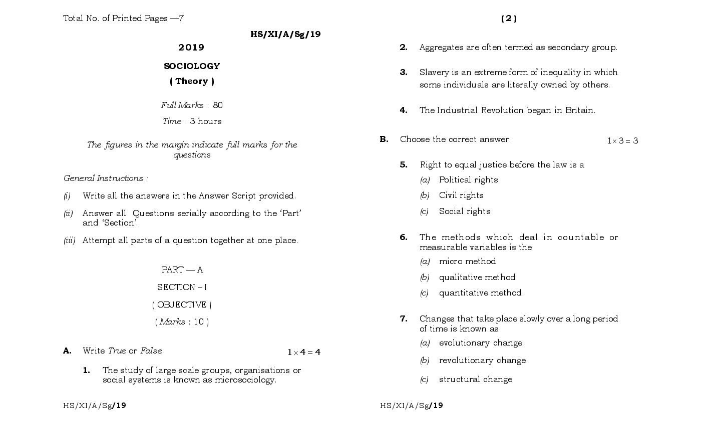 MBOSE Class 11 Question Paper 2019 for Sociology - Page 1