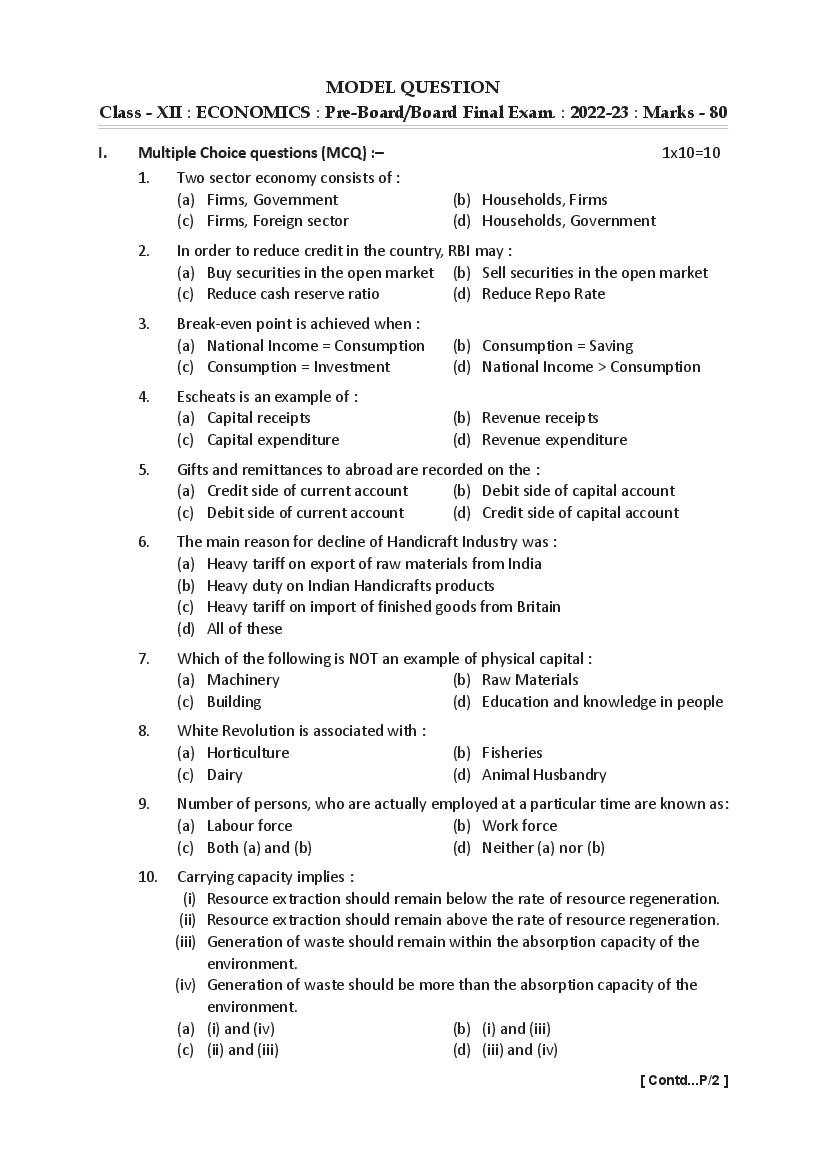 TBSE Class 12 Sample Paper 2023 Economics - Page 1
