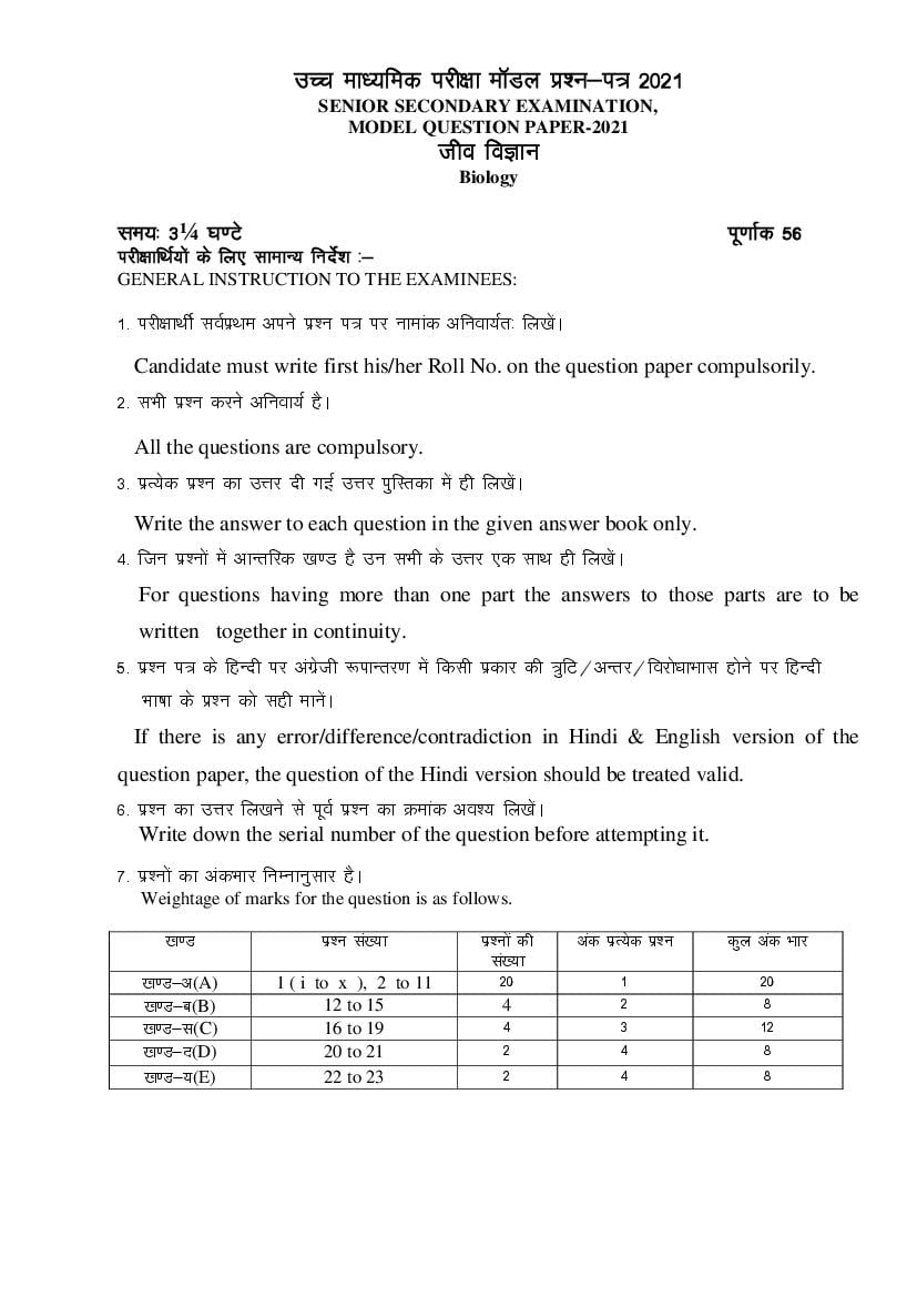 Rajasthan Board 12th Biology Sample Paper 2021 - Page 1