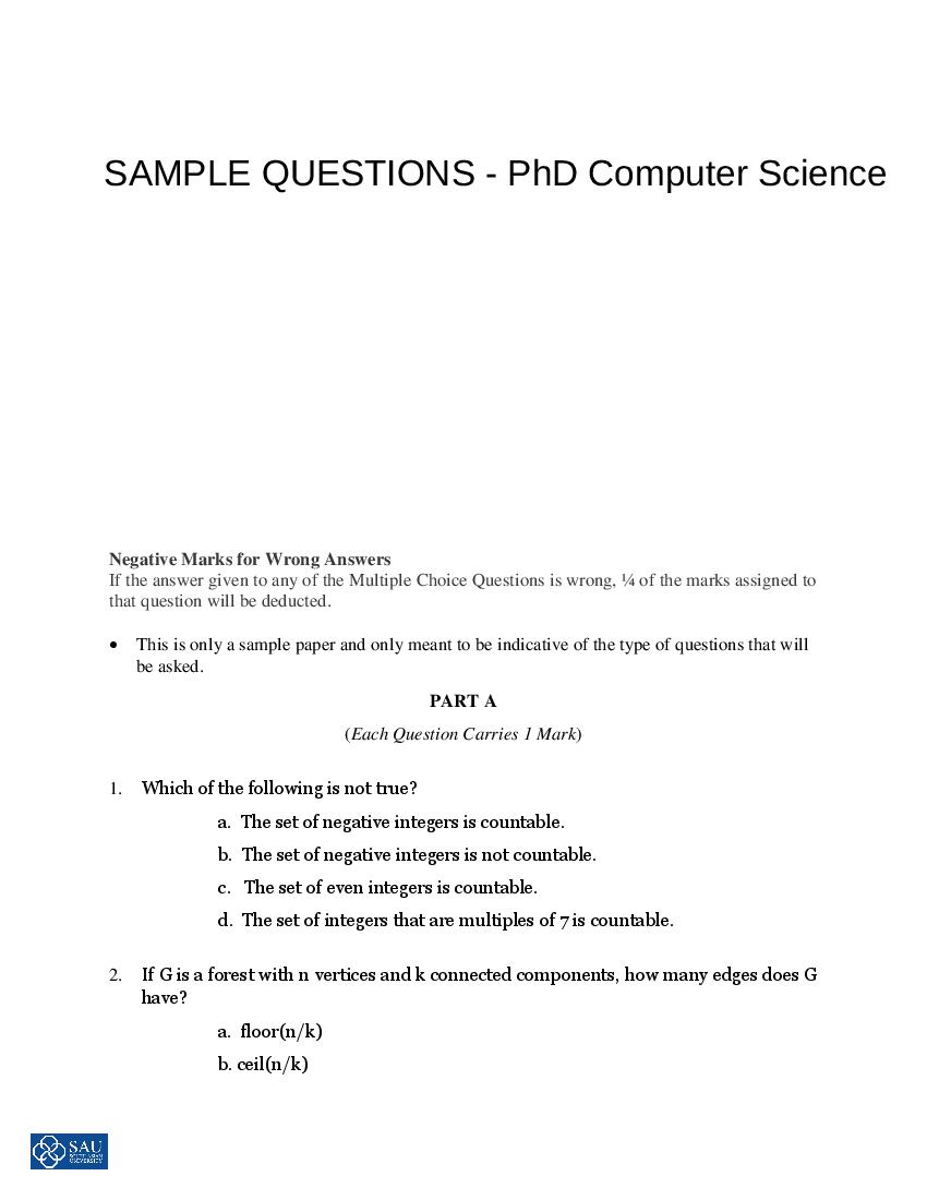 phd entrance exam model question paper for computer science
