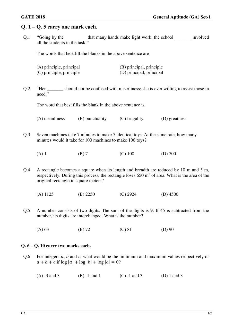 GATE 2018 Engineering Mathematics (XE-A) Question Paper with Answer - Page 1