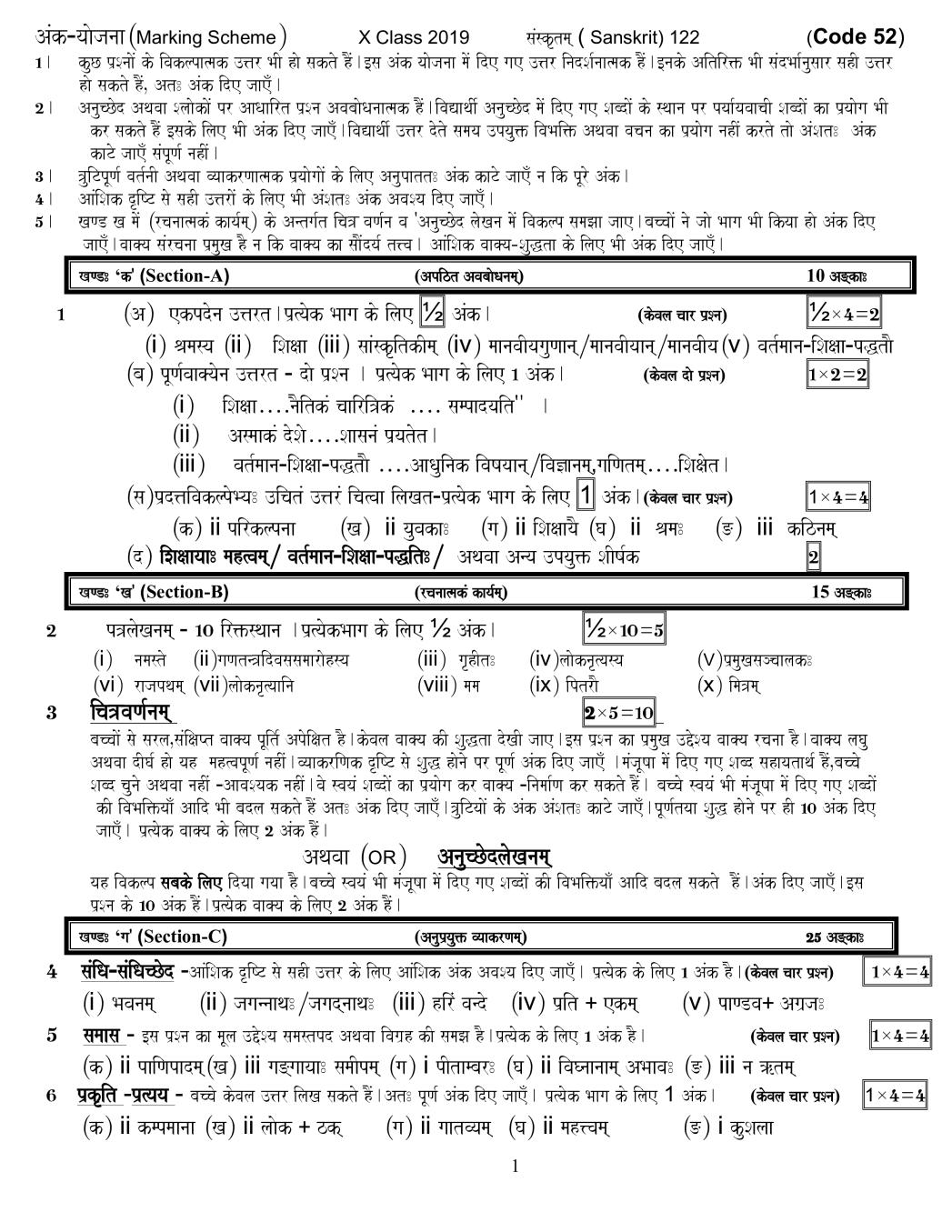 CBSE Class 10 Sanskrit Question Paper 2019 set 52 Solutions - Page 1