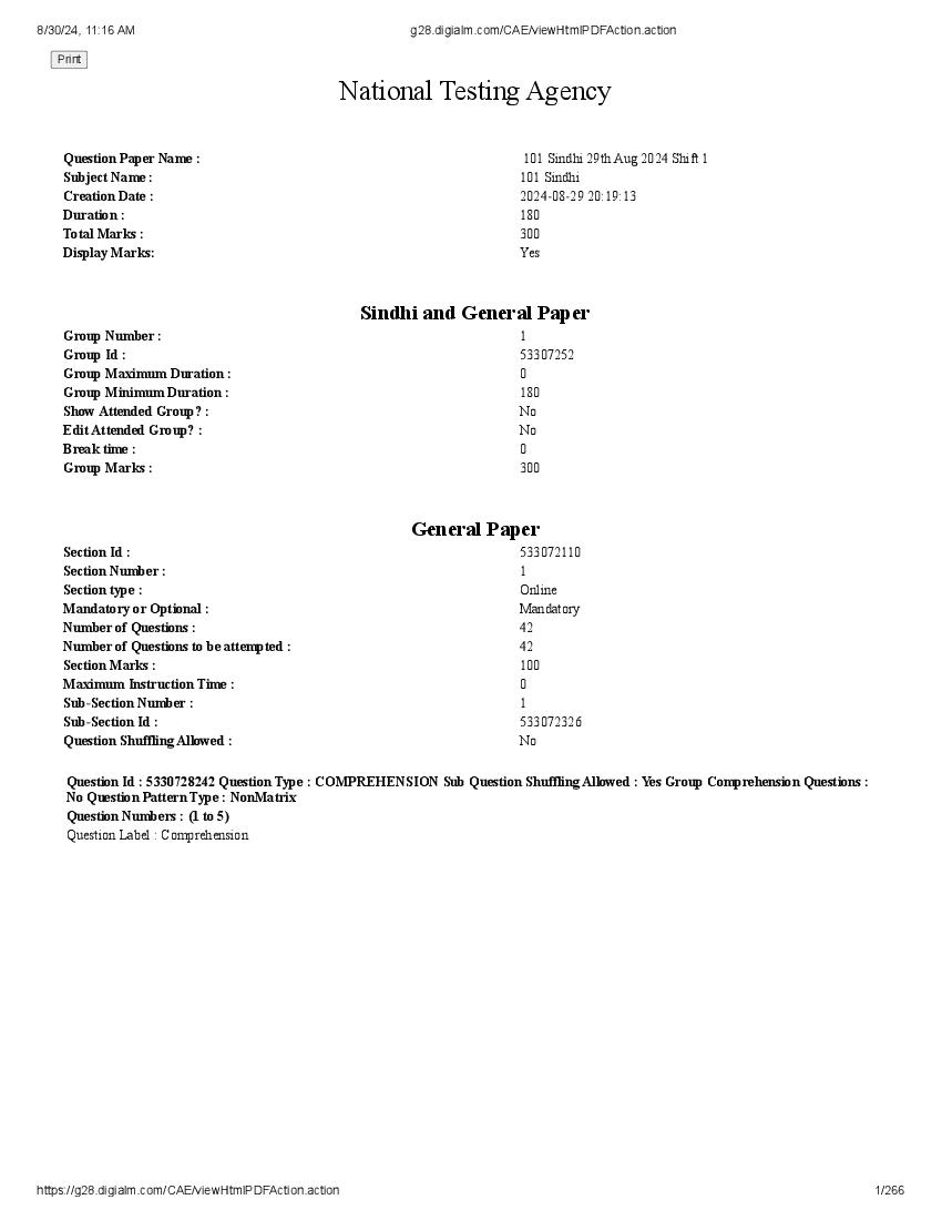 UGC NET 2024 Question Paper Sindhi - Page 1