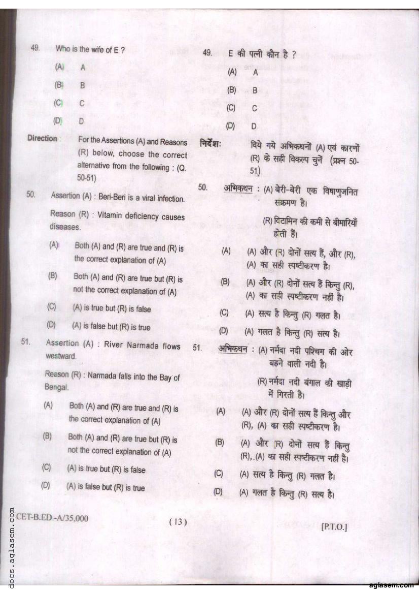 Bihar B.Ed CET 2020 Question Paper PDF (Series A)