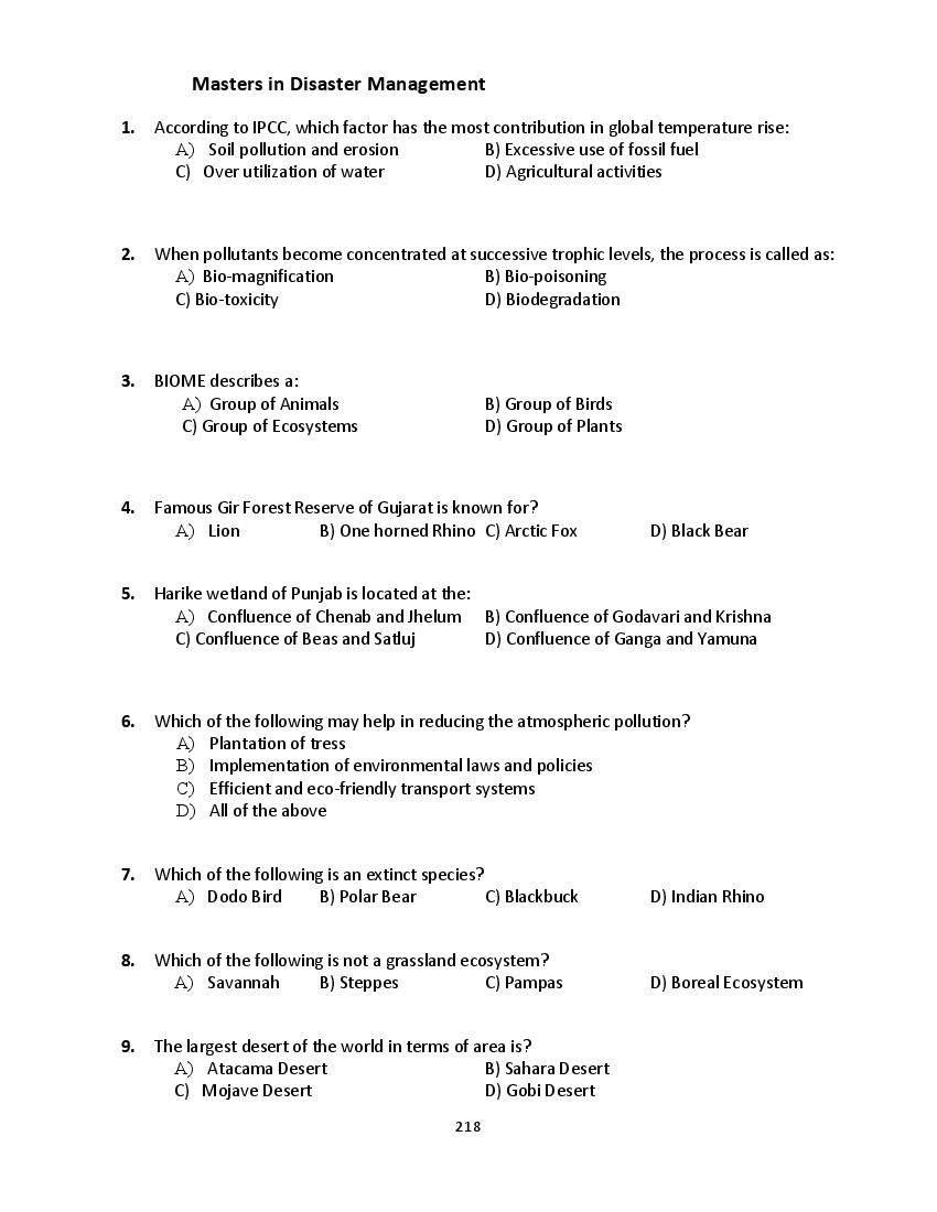 PU CET PG 2018 Question Paper Masters in Disaster Management - Page 1