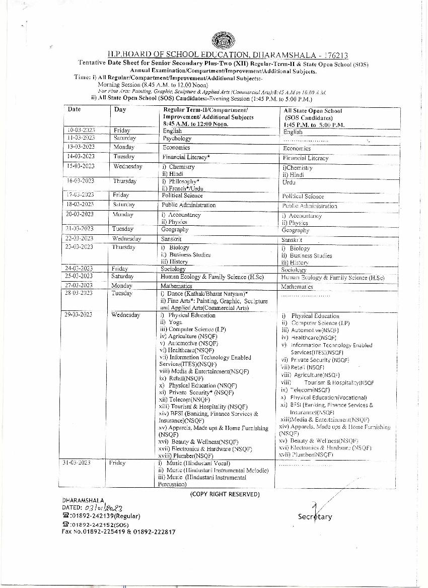 HP Board 12th Date Sheet 2023 for Term 2 - Page 1