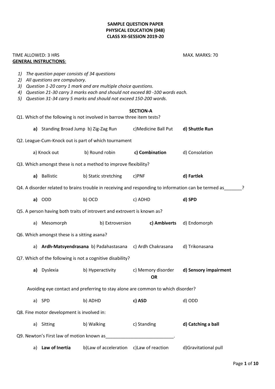 CBSE Class 12 Sample Paper 2020 for Physical Education - Page 1