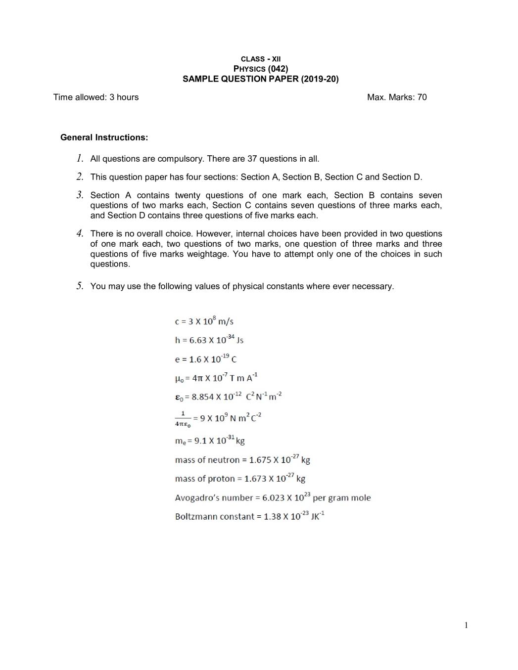 CBSE Class 12 Sample Paper 2020 for Physics - Page 1
