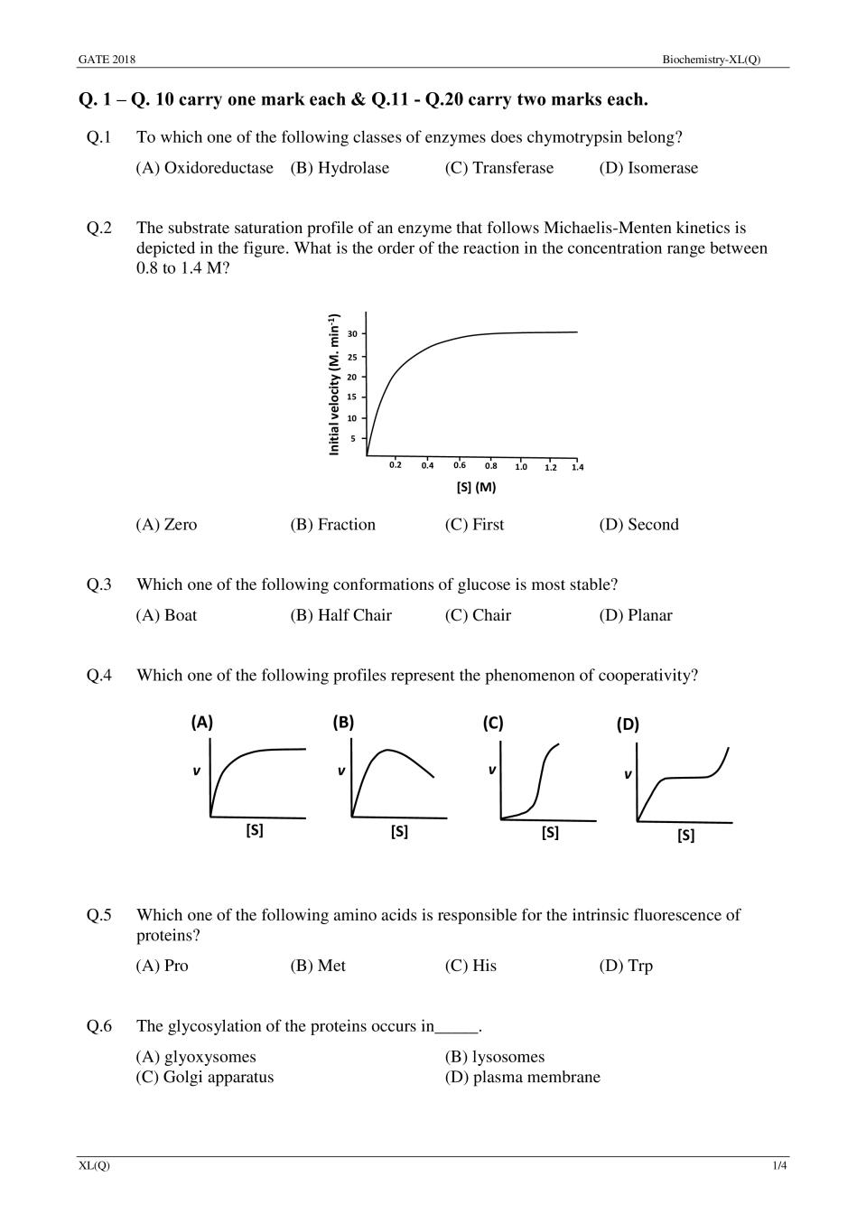 GATE 2018 Biochemistry(XL-Q) Question Paper with Answer - Page 1