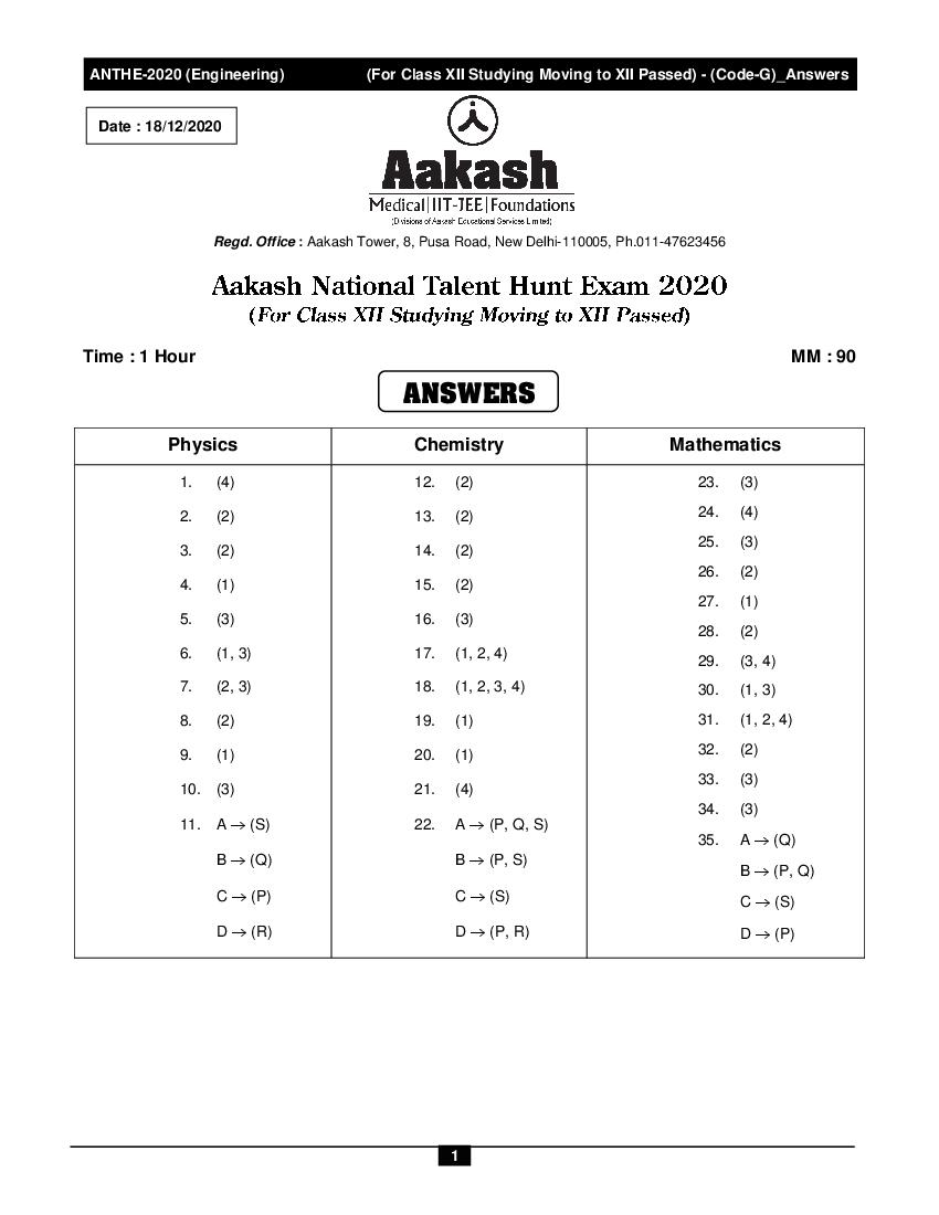 ANTHE 2020 Class 12th Code-G Engineering Answer Key - Page 1