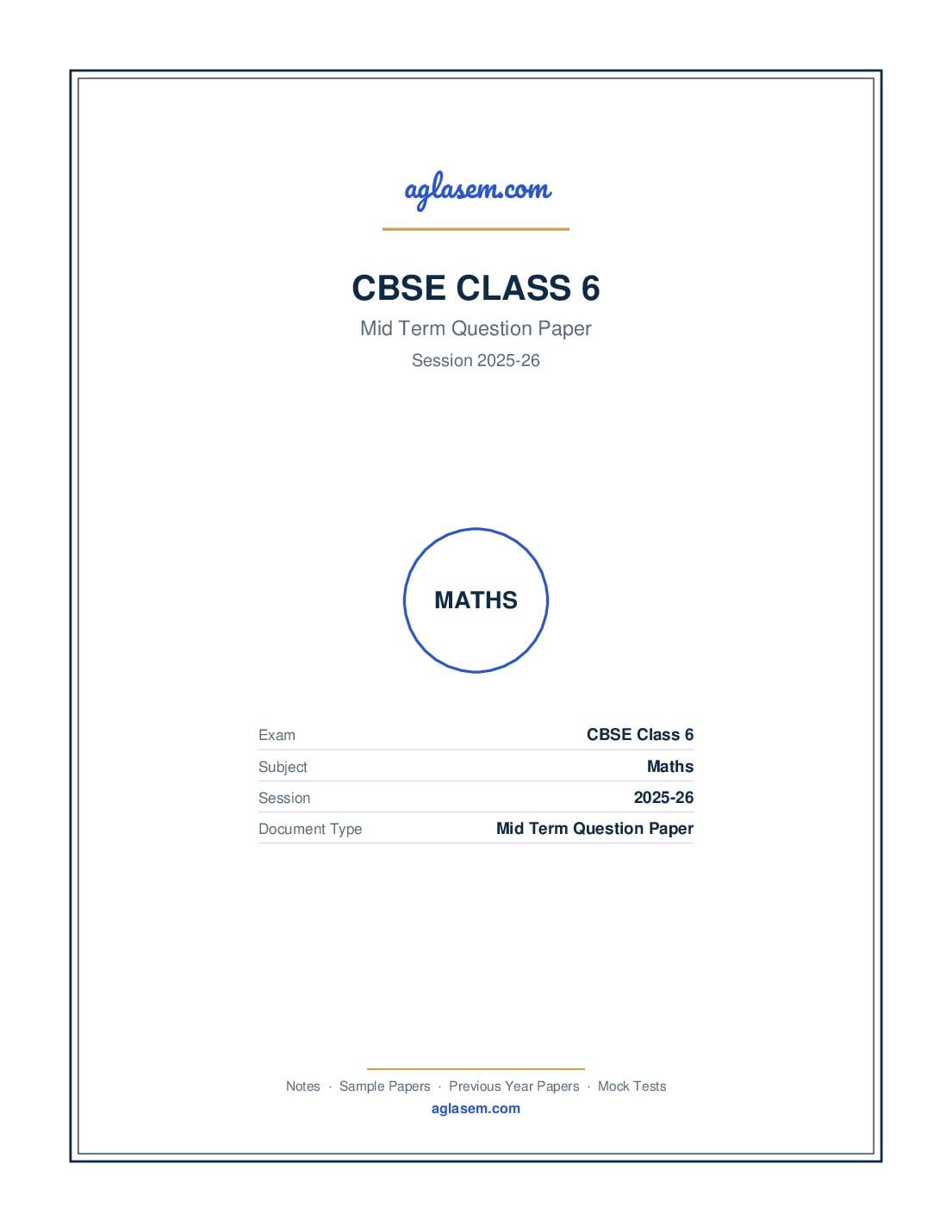 Class 6 Mid Term Question Paper 2025-26 Maths - Page 1 of 5