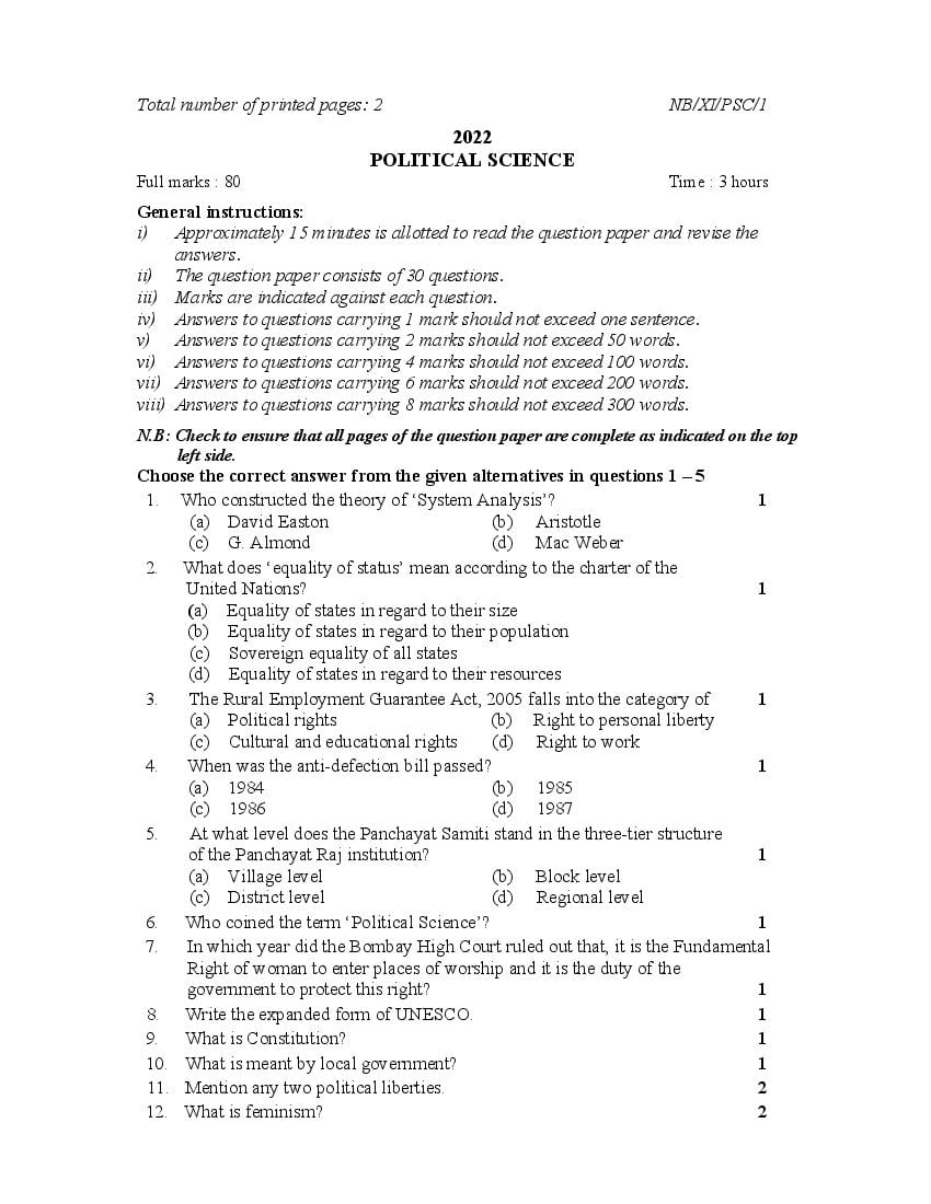 NBSE Class 11 Question Paper 2022 Political Science - Page 1