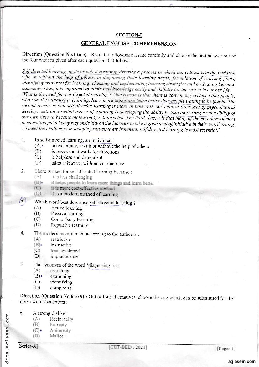 Bihar B.Ed CET 2021 Question Paper PDF with Answer Key