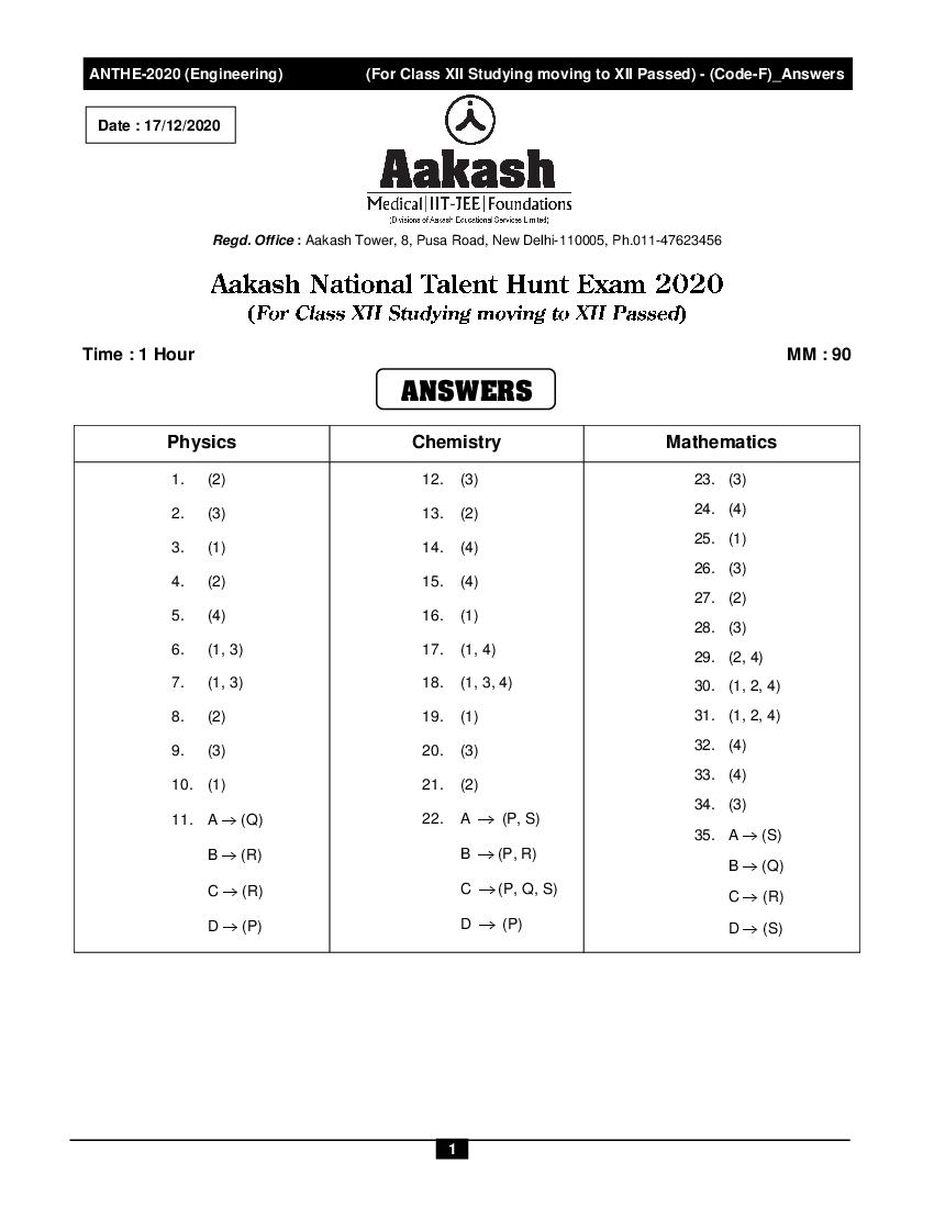 ANTHE 2020 Class 12th Code-F Engineering Answer Key - Page 1