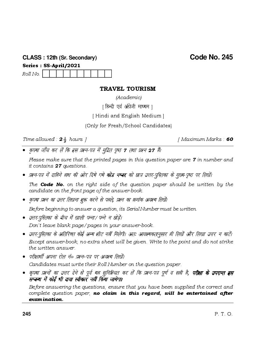 HBSE Class 12 Question Paper 2021 Travel Tourism - Page 1
