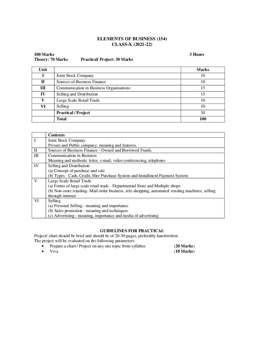 CBSE Class 10 Elements of Business Syllabus 2021-22 - Page 1