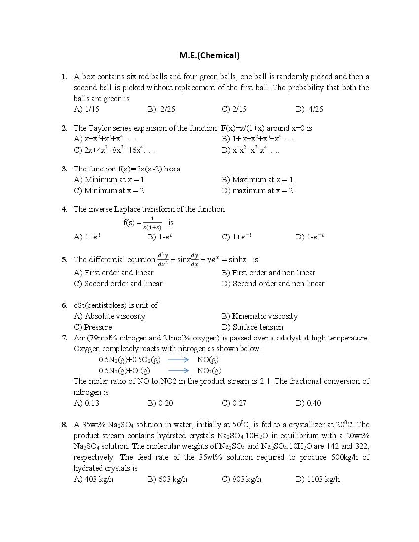 PU CET PG 2018 Question Paper M.E._Chemical_ - Page 1
