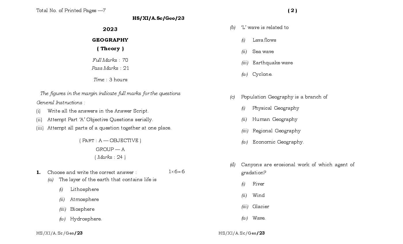 MBOSE Class 11 Question Paper 2023 for Geography - Page 1