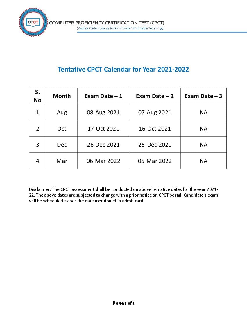 MP CPCT 2021 22 Academic Calendar