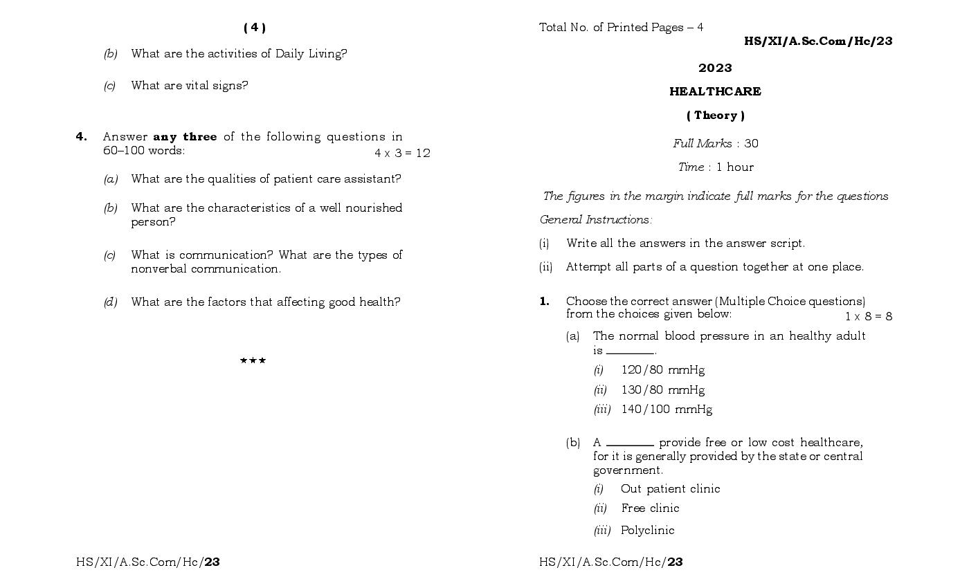 MBOSE Class 11 Question Paper 2023 for Healthcare - Page 1